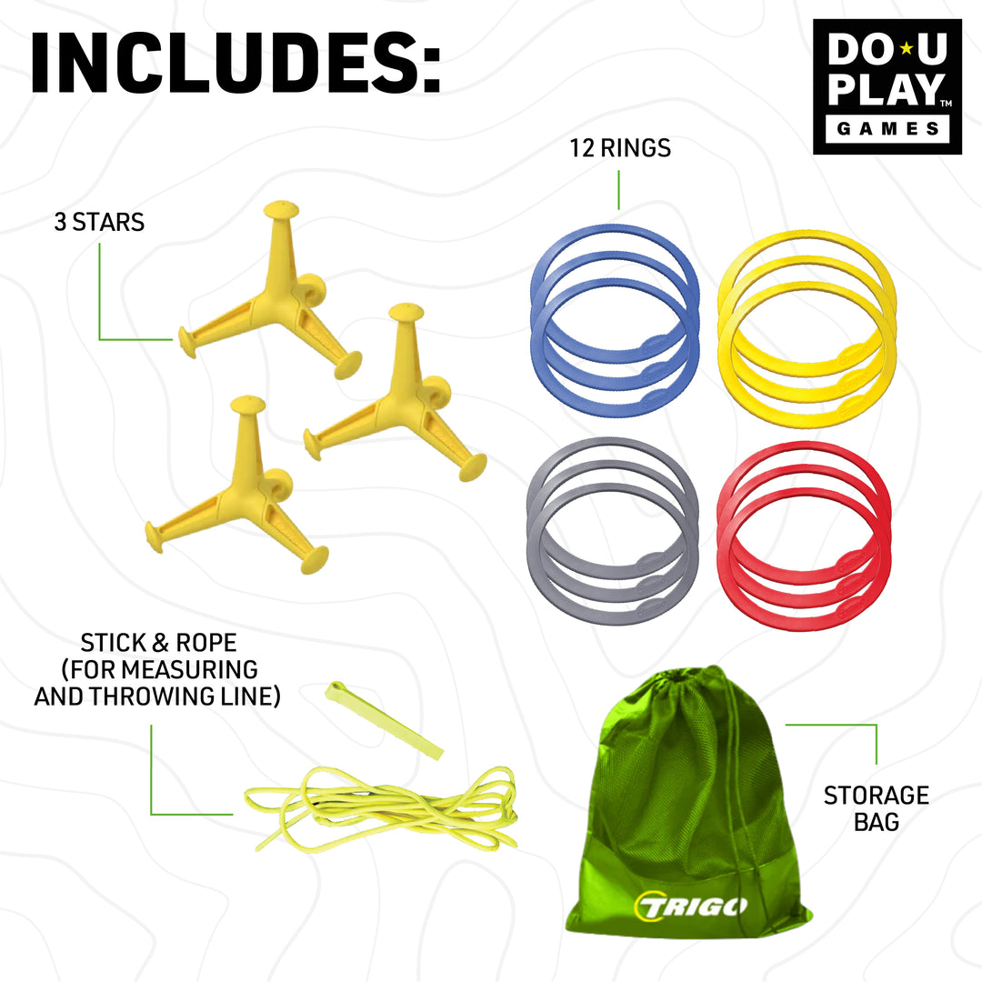 Components of Get In The Game Bundle including stars, colorful rings, measuring rope and stick, and a green storage bag.