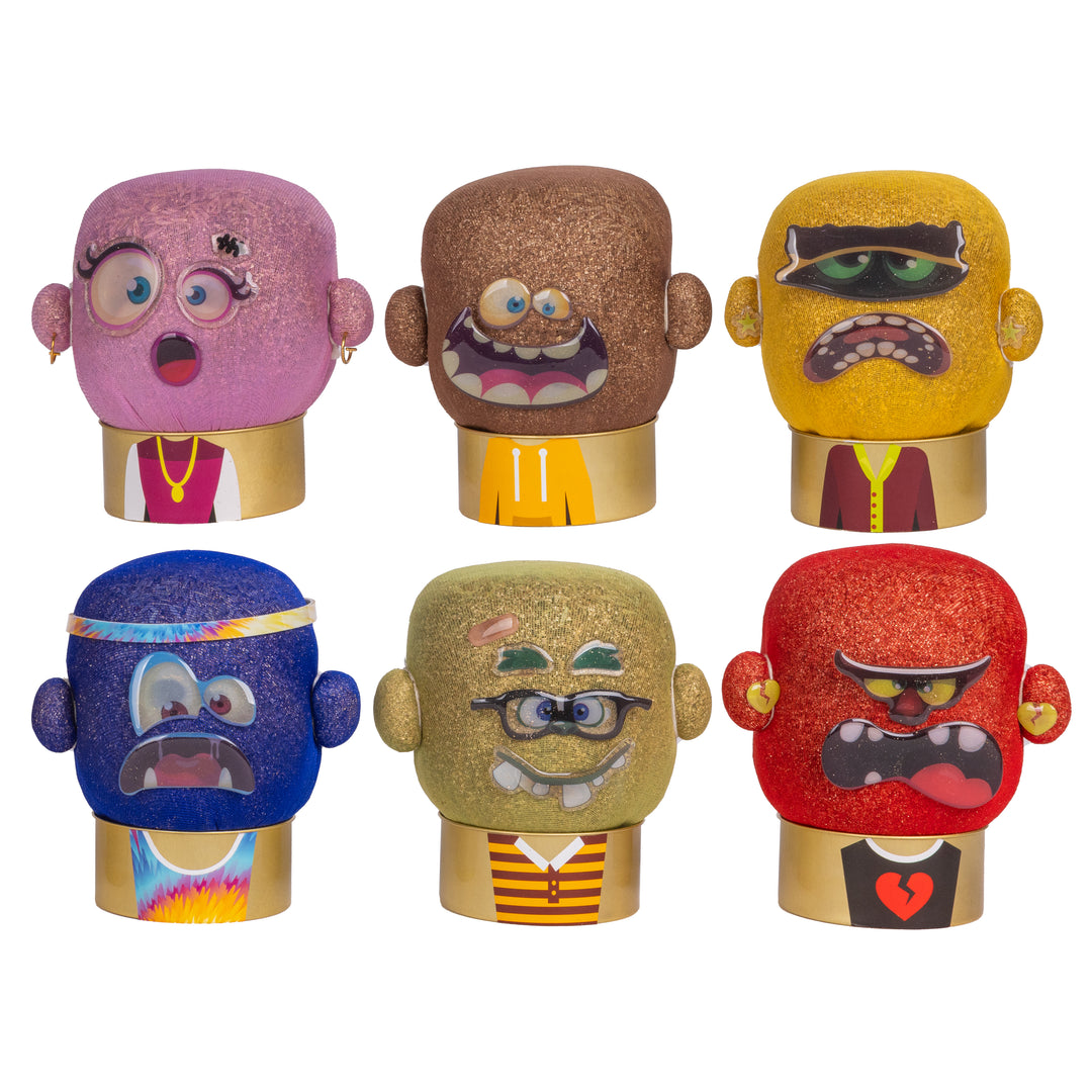 Set of six colorful plant pal figurines with unique facial expressions 