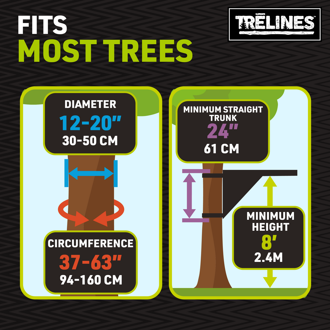 Tree swing support system with measurement chart for Trelines product on a black background