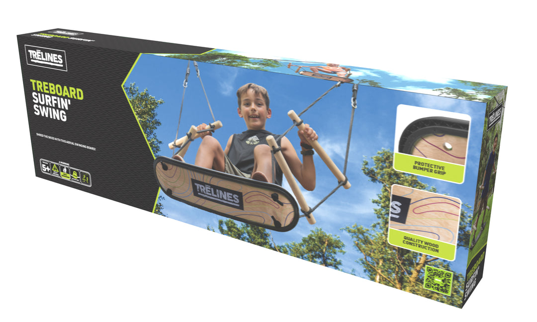 Packaging for the TreBoard Surfin' Swing by Trelines, featuring an image of a child playing with the swing in an outdoor setting