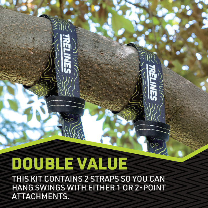 Two tree swing straps attached to a branch with 'Trelines' branding