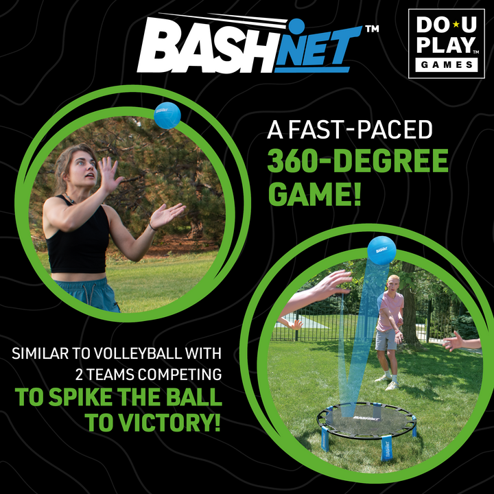 Woman in black top preparing to hit blue BashNet ball and players aiming ball toward net in outdoor park setting