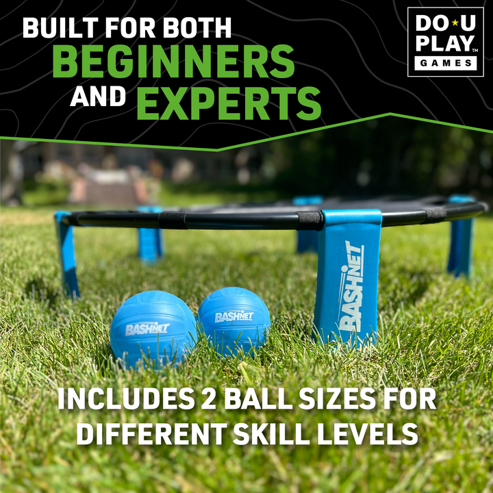Blue BashNet balls of two sizes on green grass next to black net frame highlighting beginner and expert skill levels