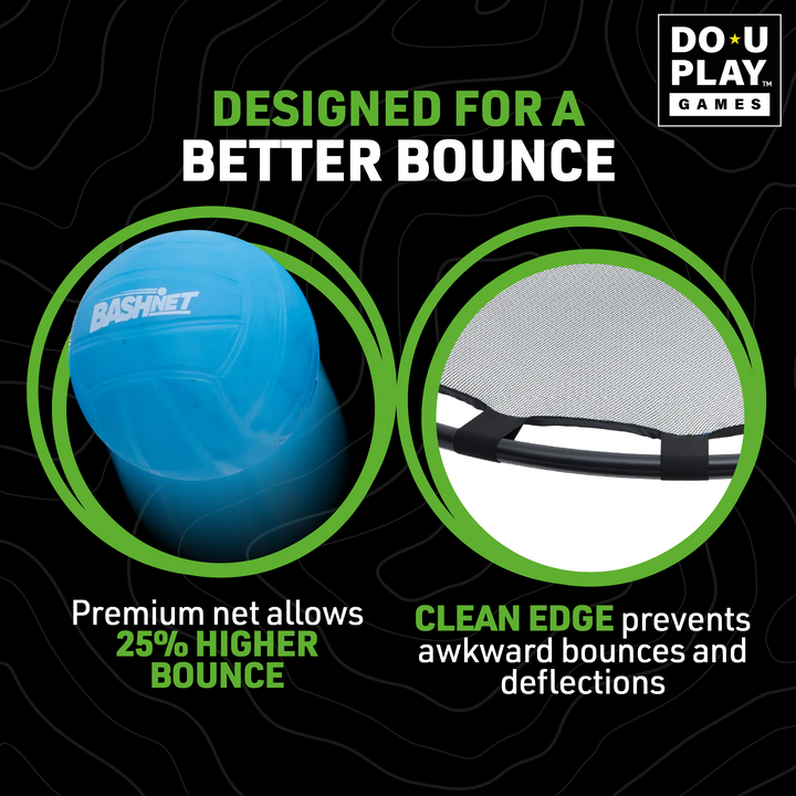 Close-up of blue BashNet ball and clean edge of black net frame highlighting bounce performance features on black background