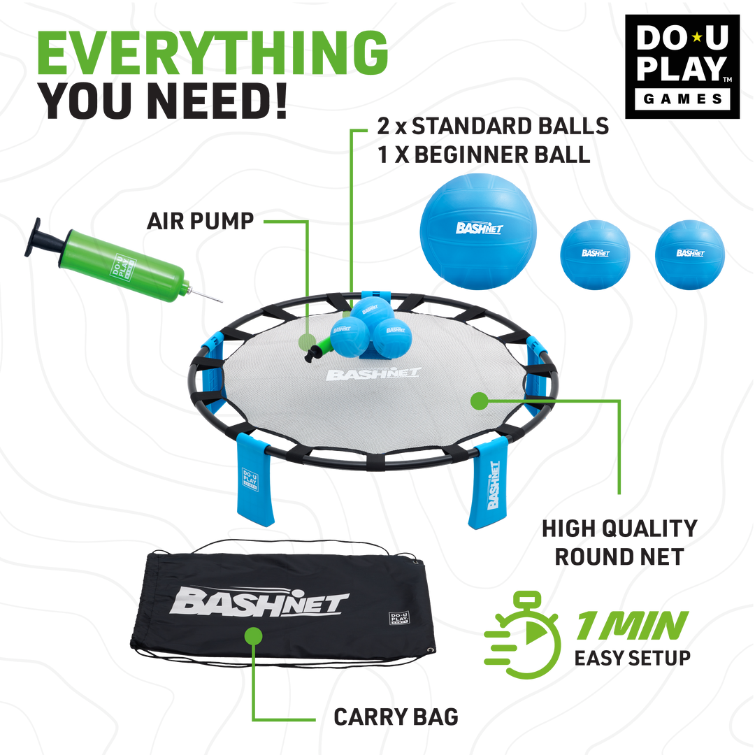 BashNet game setup with blue balls, pump, carrying bag, and round net on black patterned background