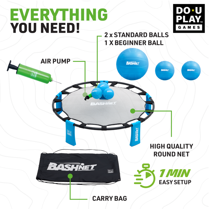 BashNet game setup with blue balls, pump, carrying bag, and round net on black patterned background