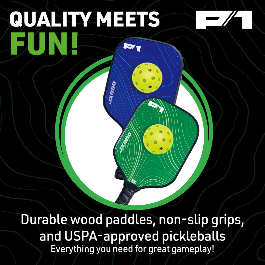 Blue and green P1 wood pickleball paddles with yellow USPA-approved balls on black background with text overlay