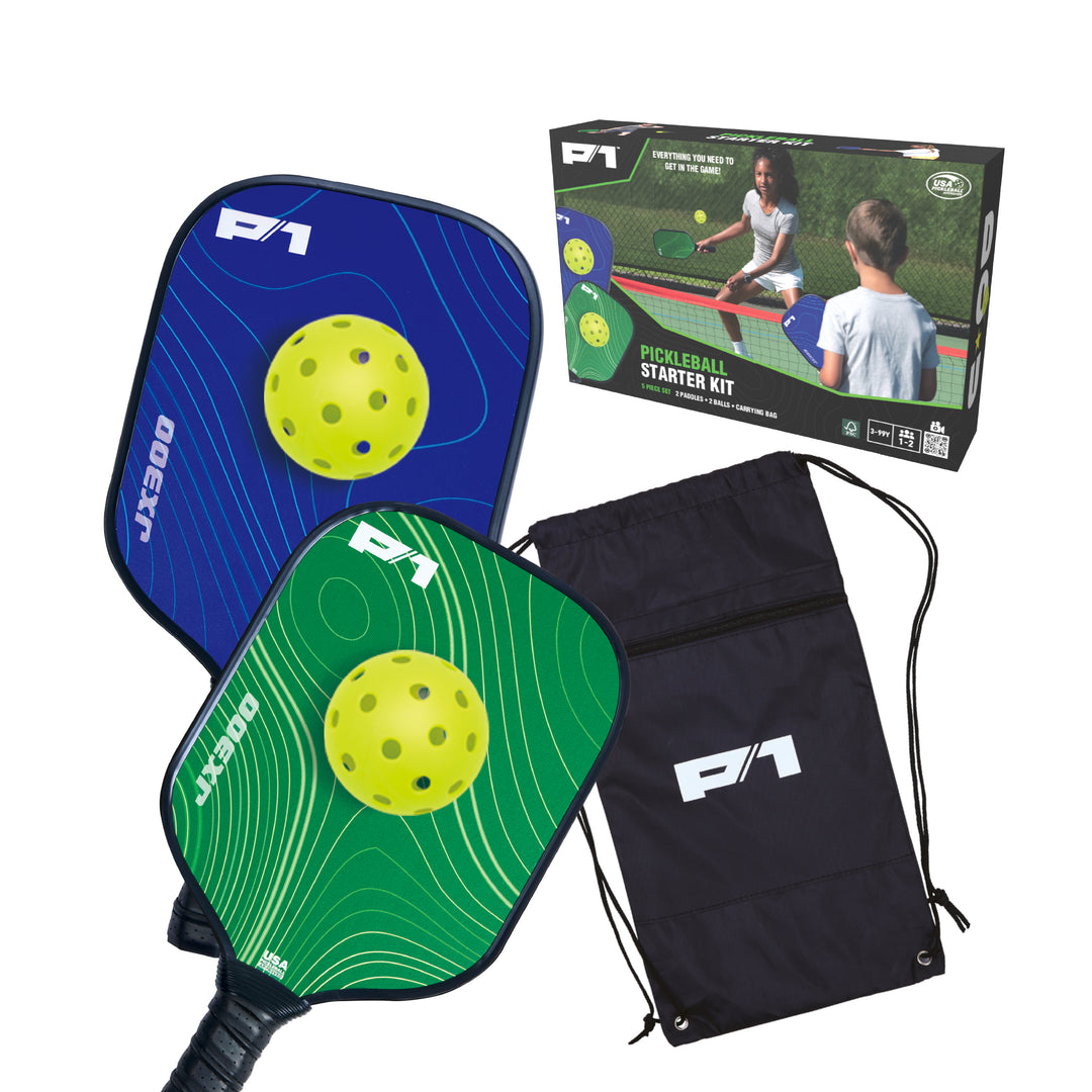 P1 Pickleball Starter Set with blue and green paddles, two yellow balls, black drawstring bag, and product box with kids playing