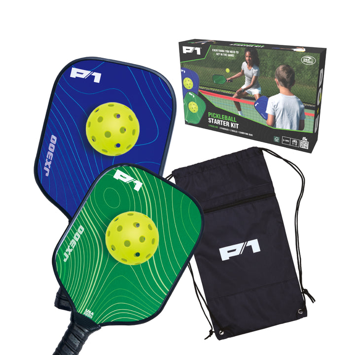 P1 Pickleball Starter Set with blue and green paddles, two yellow balls, black drawstring bag, and product box with kids playing