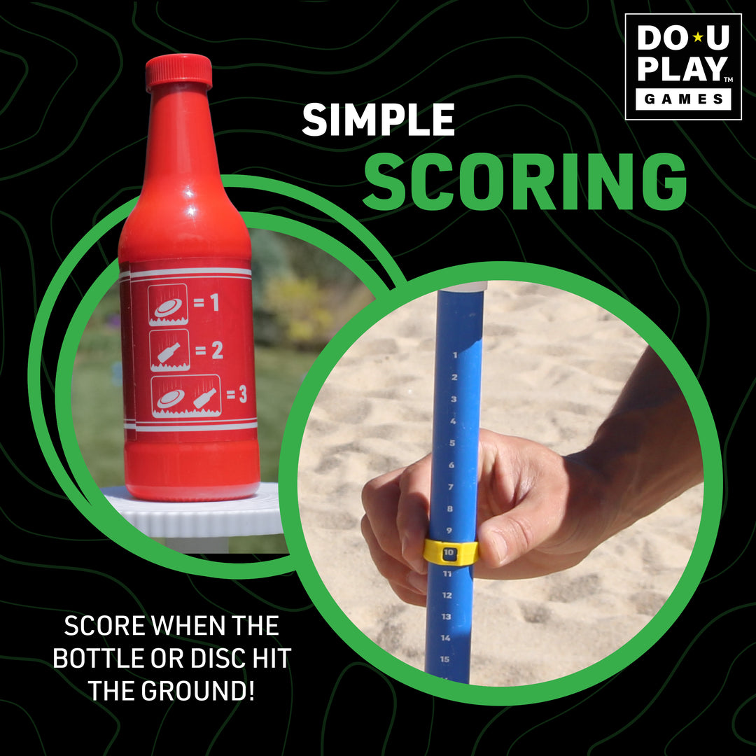 Red scoring bottle showing point values and hand adjusting blue measuring pole on sandy ground for BashNet game.