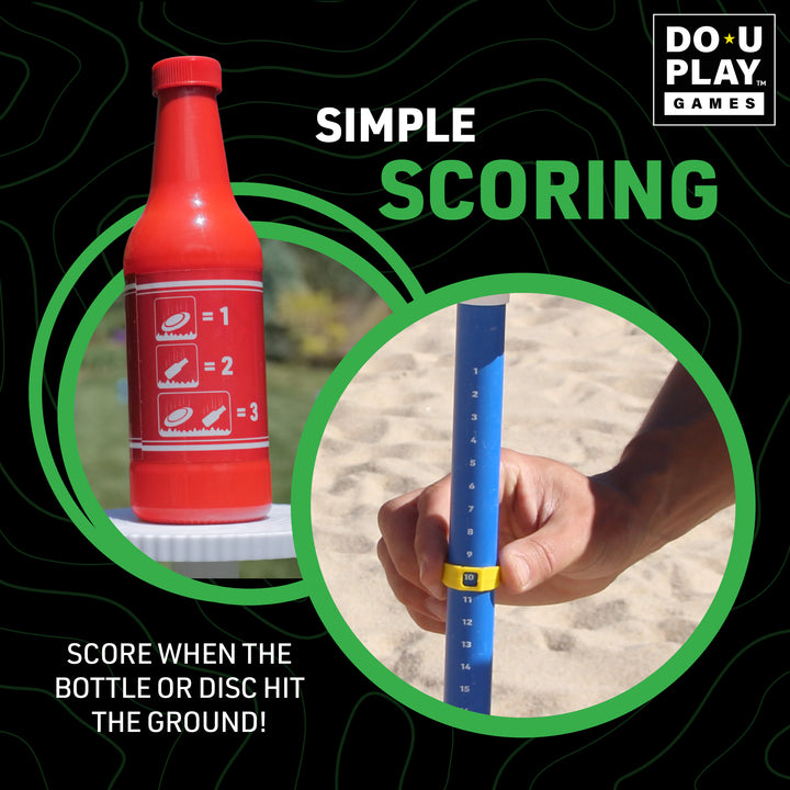 Red scoring bottle showing point values and hand adjusting blue measuring pole on sandy ground for BashNet game.