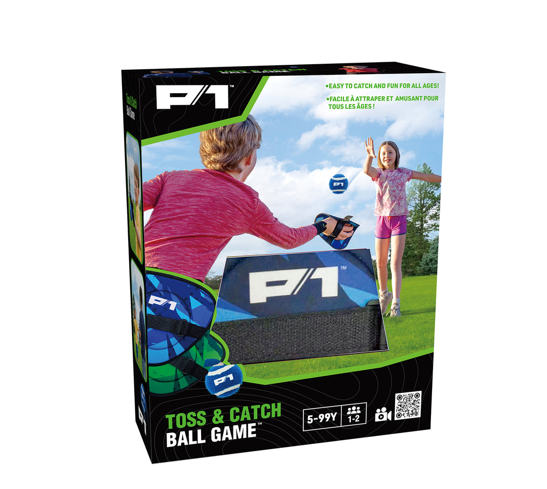 Boy and girl playing Toss & Catch Ball Game outdoors on green grass with blue sky and trees in background