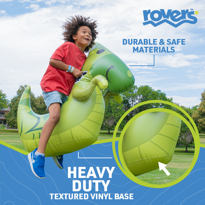 Child riding a green inflatable dinosaur with 'Rovers' branding and text about durable materials.