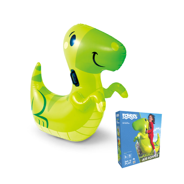 Inflatable green dinosaur bounce toy with packaging 