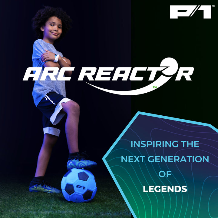 Child with a soccer ball on grass, 'Arc Reactor' branding, and promotional text.