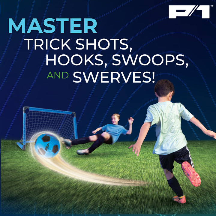 Two children playing soccer on a grass field with a goal in the background, featuring text about trick shots and soccer skills.