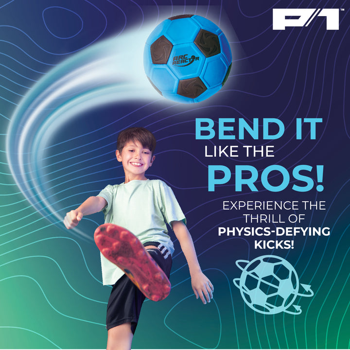 Child kicking a soccer ball with promotional text about physics-defying kicks on a blue and green background.