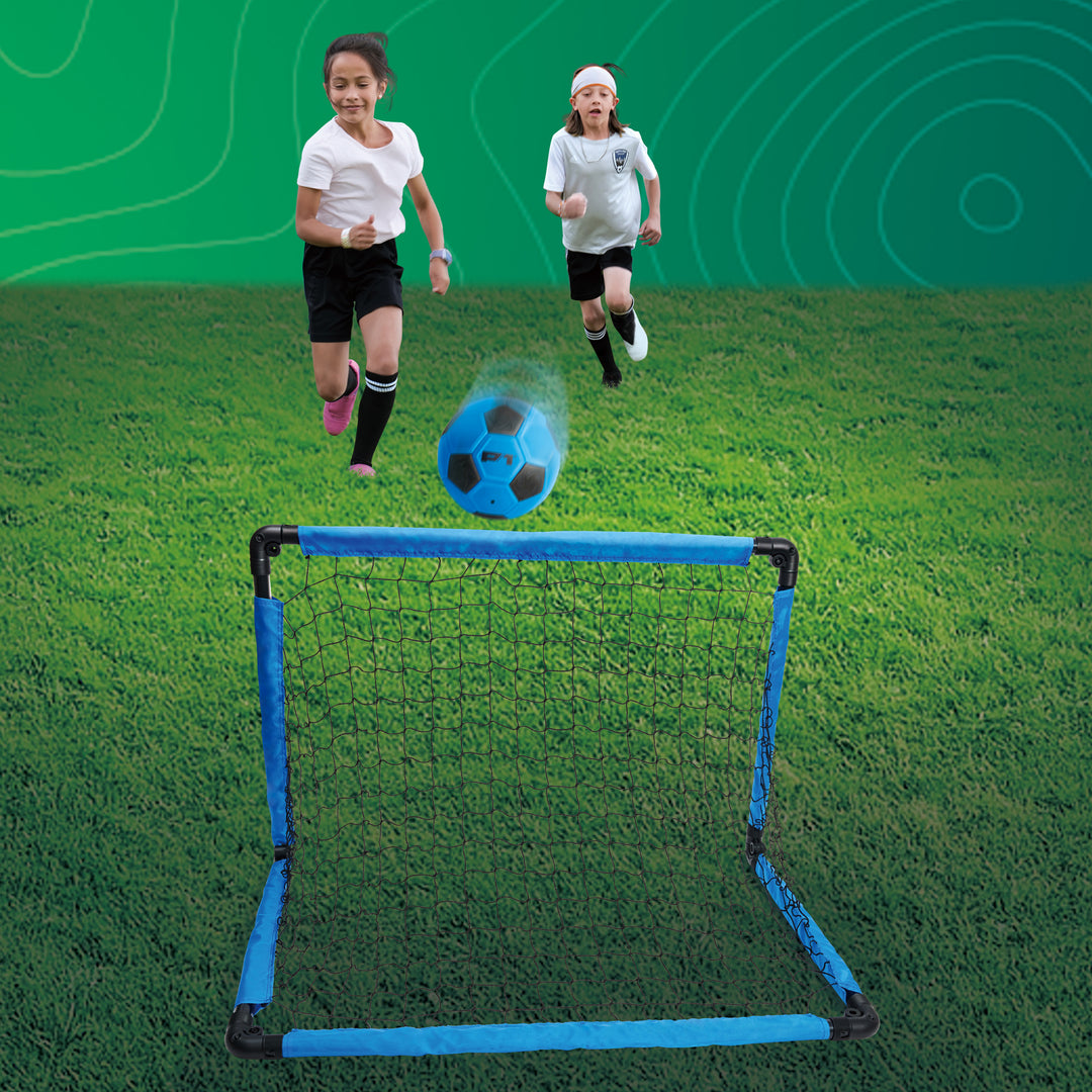 Children playing soccer with a blue goal and P1 soccer ball