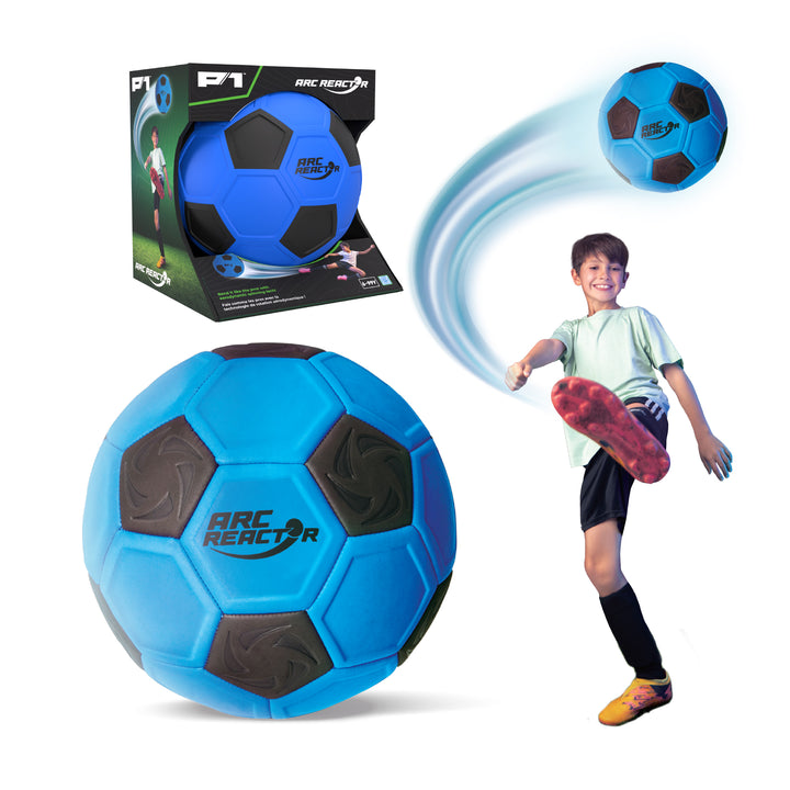 Blue and black soccer ball with packaging and a child playing with it.