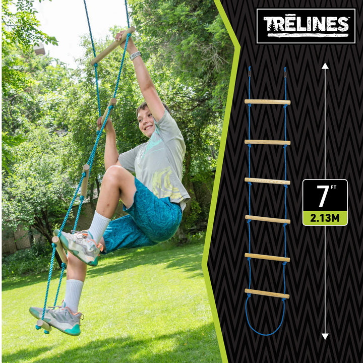 Child playing on a rope ladder in a park with 'Trelines' branding.