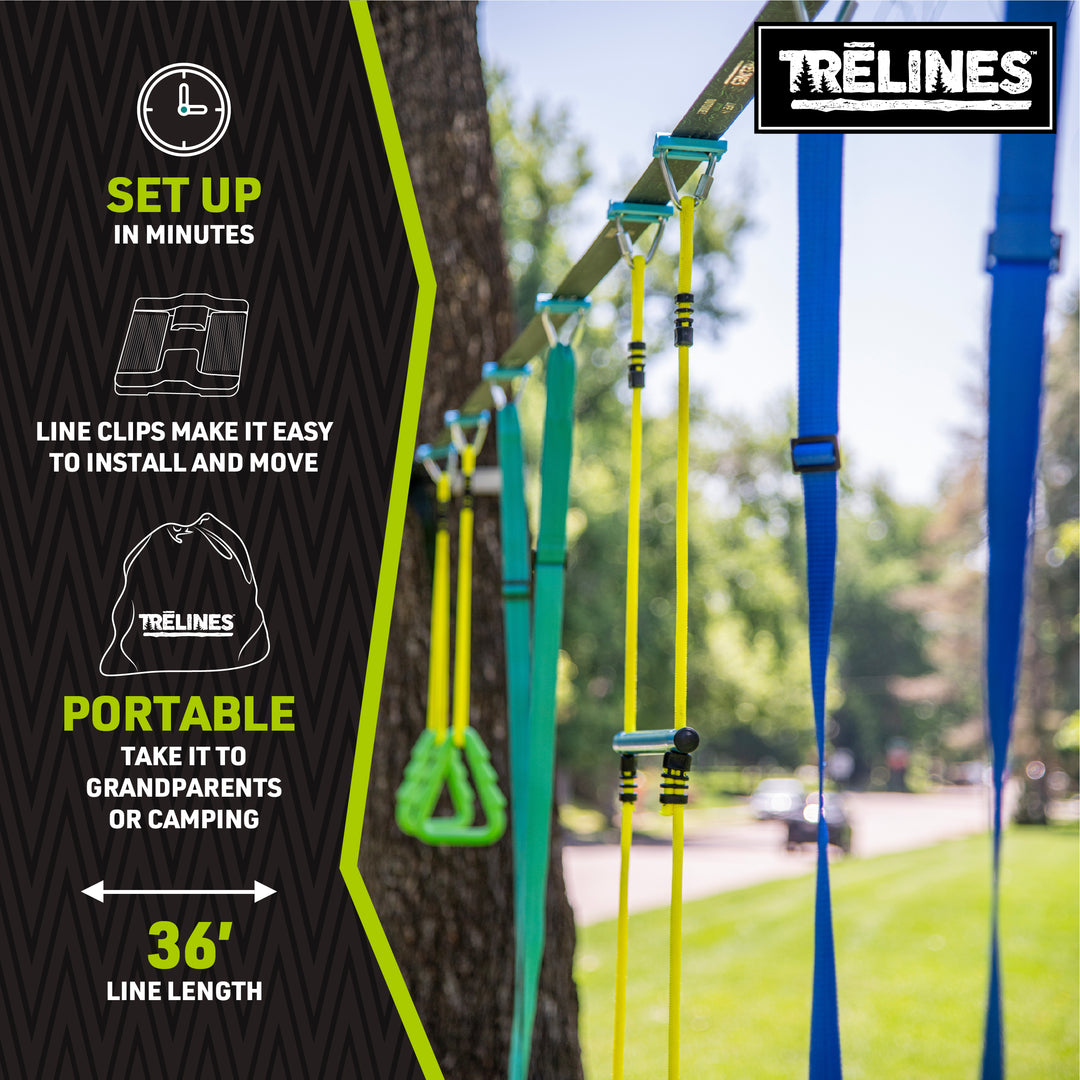 Treelines swing set with setup instructions and product details on a black background