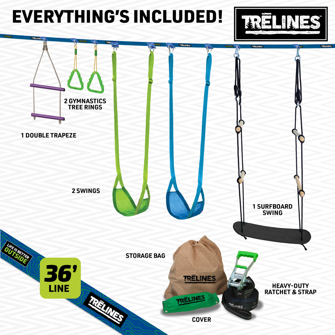 Surf and Swing Combo - Swingset Gymanstics + Treboard Surfin' Swing + Tree Protectors