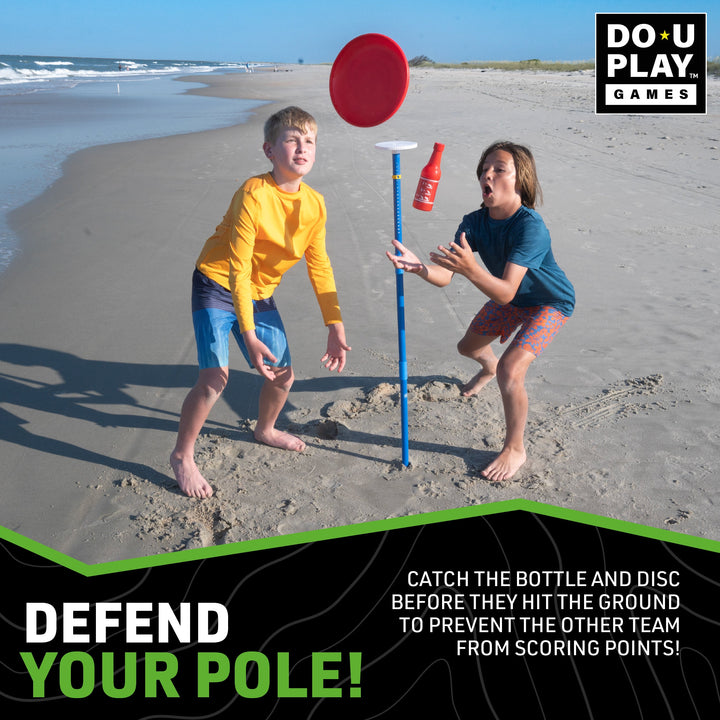 Players competing in Disc Duel backyard throwing game with target poles