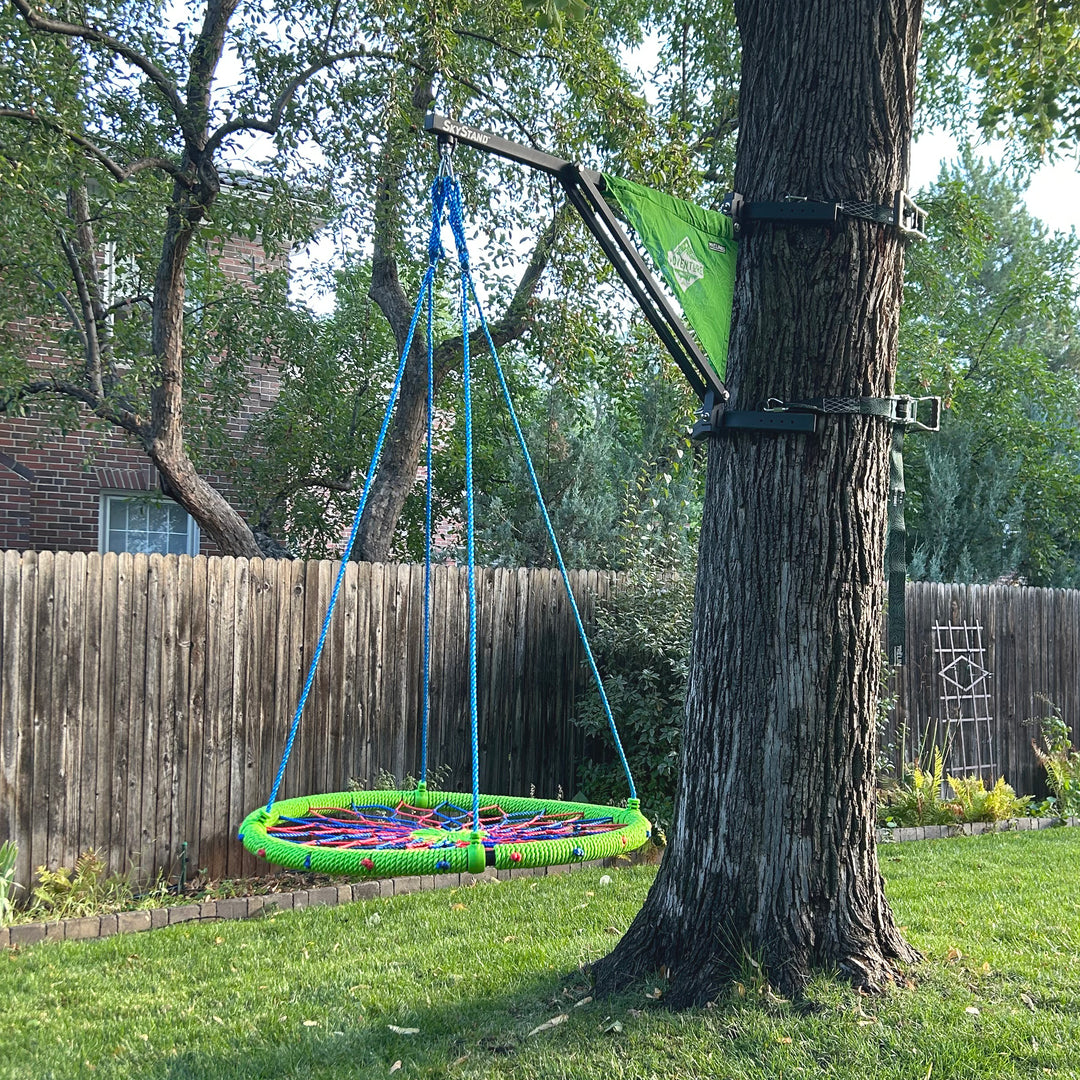 Colorful swing hanging from a tree in a backyard setting