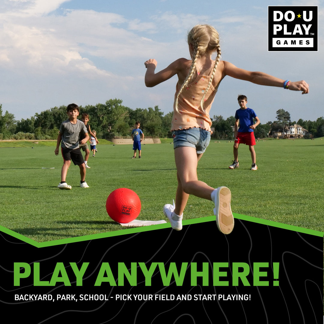 Family playing ultimate kickball kit game in backyard with bases set up