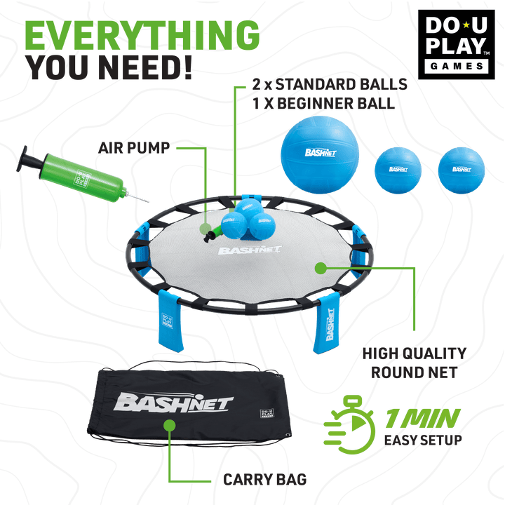 BashNet game setup with blue balls, pump, carrying bag, and round net on black patterned background